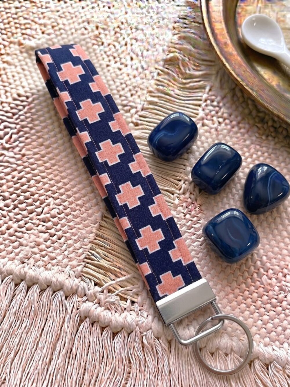 New Handmade Navy Blue Coral Swiss Cross Geometric Fabric Key Fob Wristlet